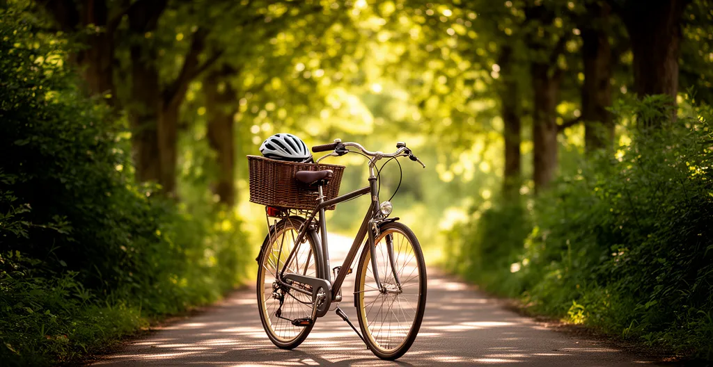 Vélo de location avec panier stationné sur piste cyclable ombragée à Annecy