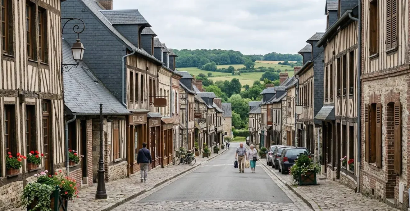 Rue commerçante typique d'un village normand avec maisons à colombages, style Beuzeville Eure