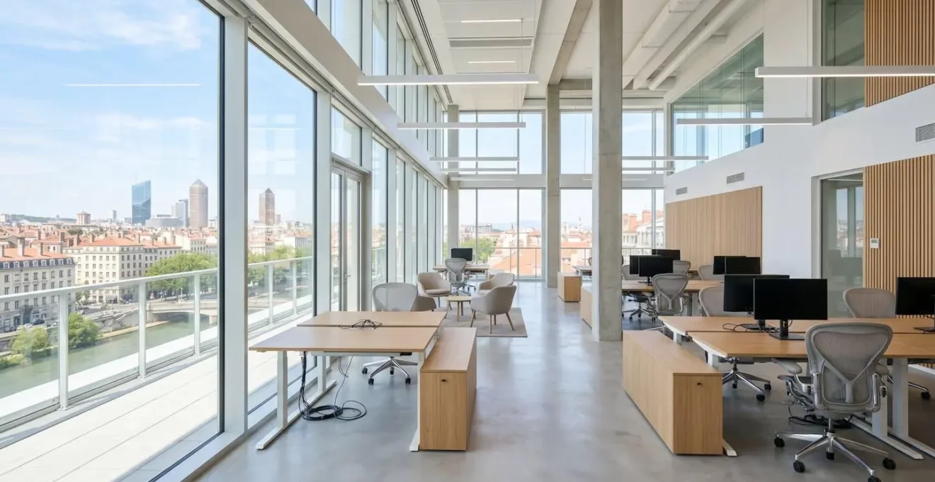 Bureau moderne vide avec grande baie vitrée donnant sur un paysage urbain français contemporain, lumière naturelle abondante, ambiance professionnelle calme