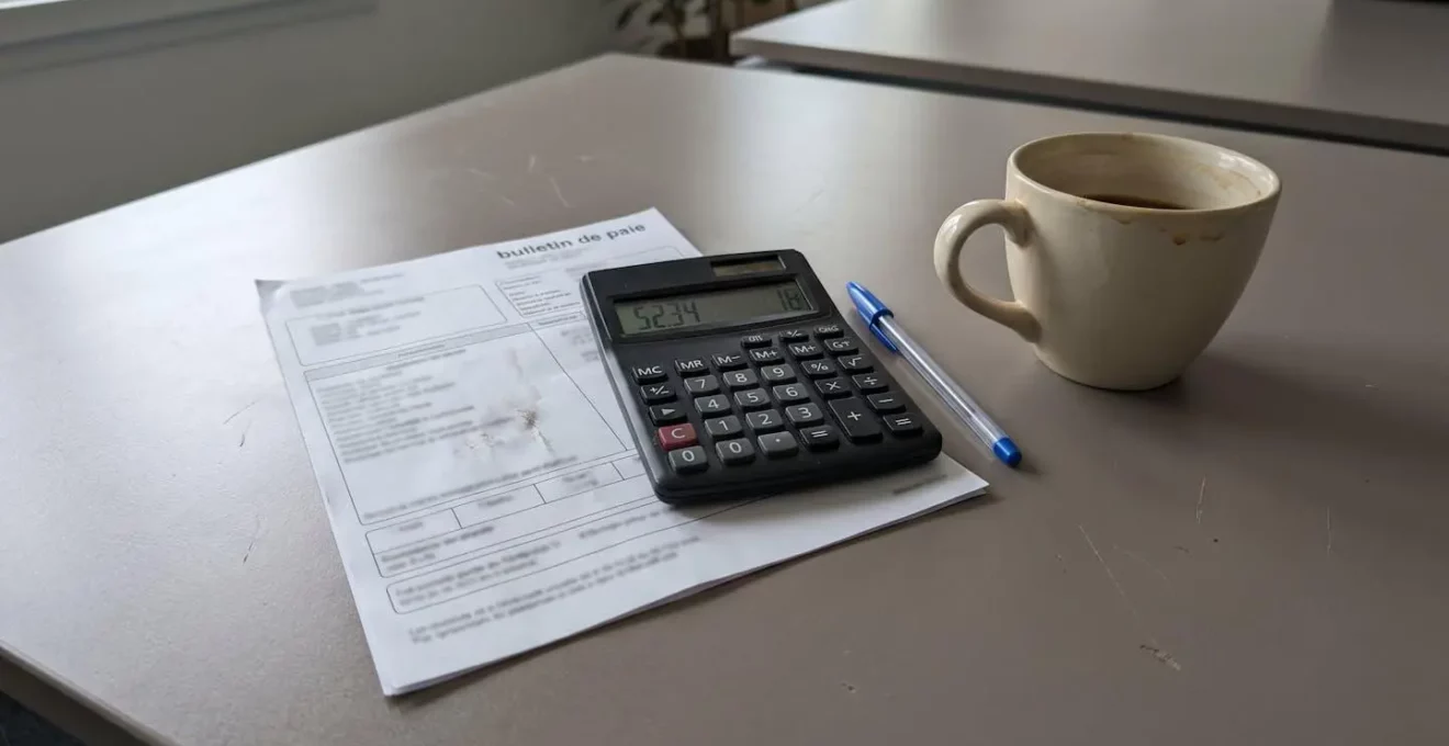 Bureau moderne épuré avec ordinateur portable fermé, carnet, stylo et tasse de café près d'une grande fenêtre lumineuse