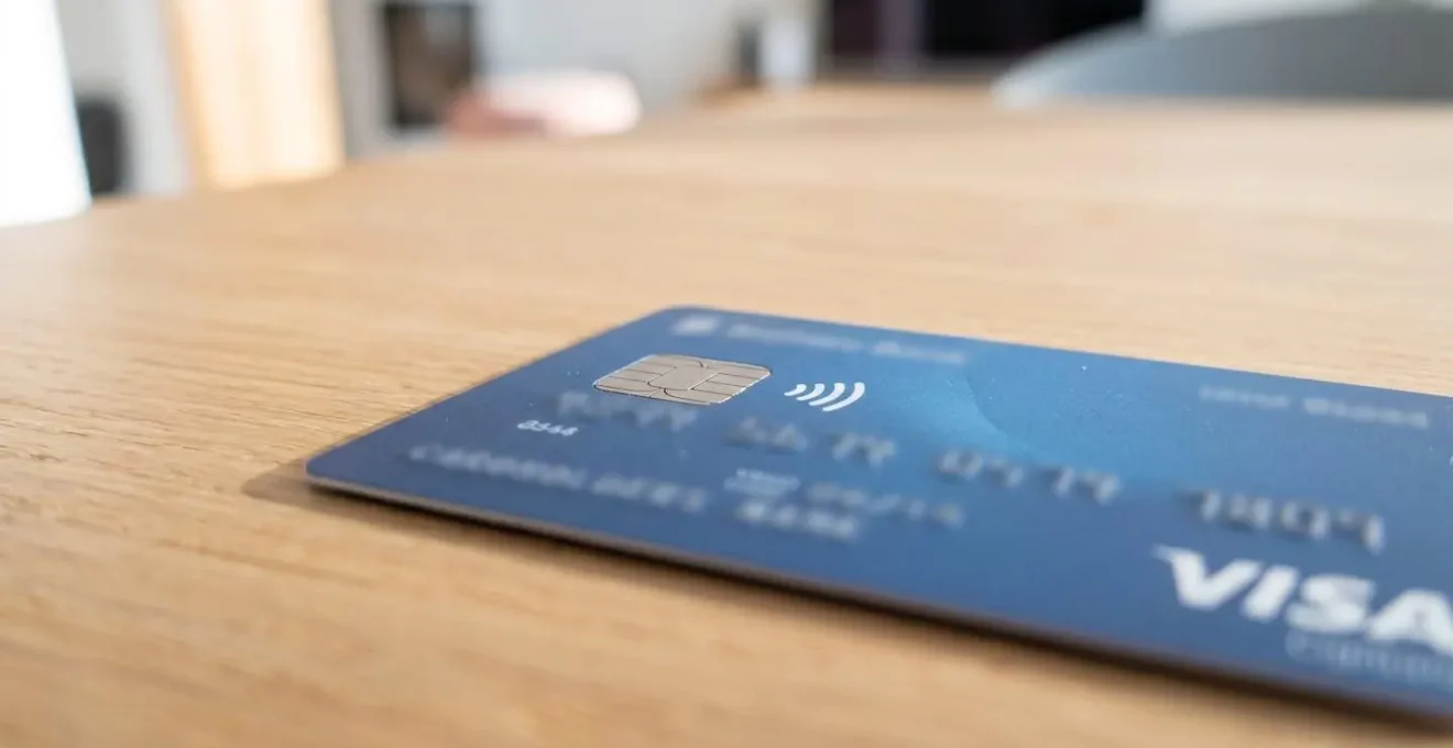 Gros plan d'une carte bancaire à puce contactless posée sur une surface en bois clair