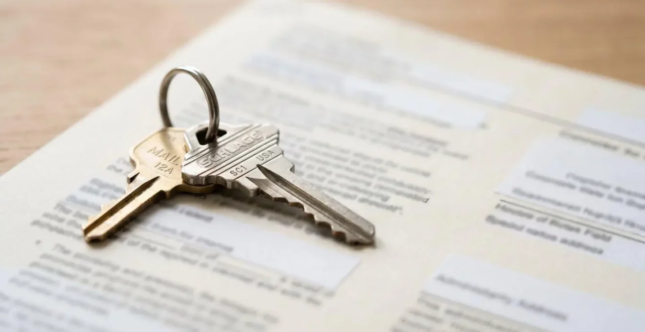 Gros plan sur des clés de maison posées sur un document administratif, mise au point nette sur les clés, arrière-plan flouté