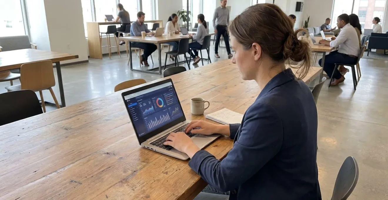 Un consultant indépendant travaille sur son ordinateur portable dans un espace de coworking lumineux, vu de trois-quarts arrière