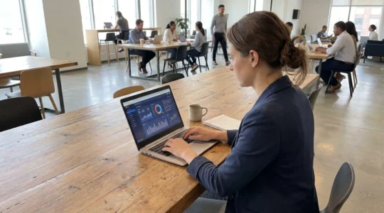 Un consultant indépendant travaille sur son ordinateur portable dans un espace de coworking lumineux, vu de trois-quarts arrière