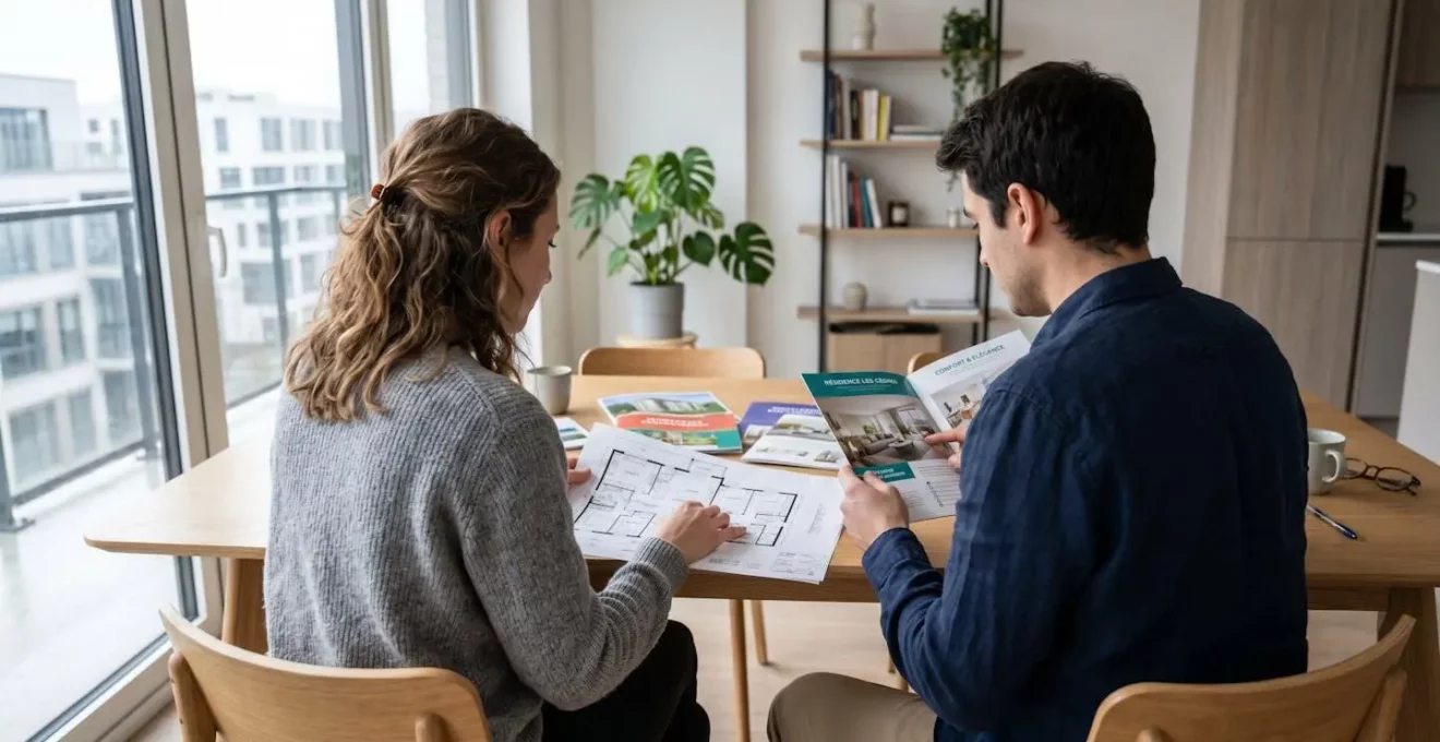 Un couple vu de dos consulte des brochures immobilières et des plans posés sur une table contemporaine, lumière naturelle