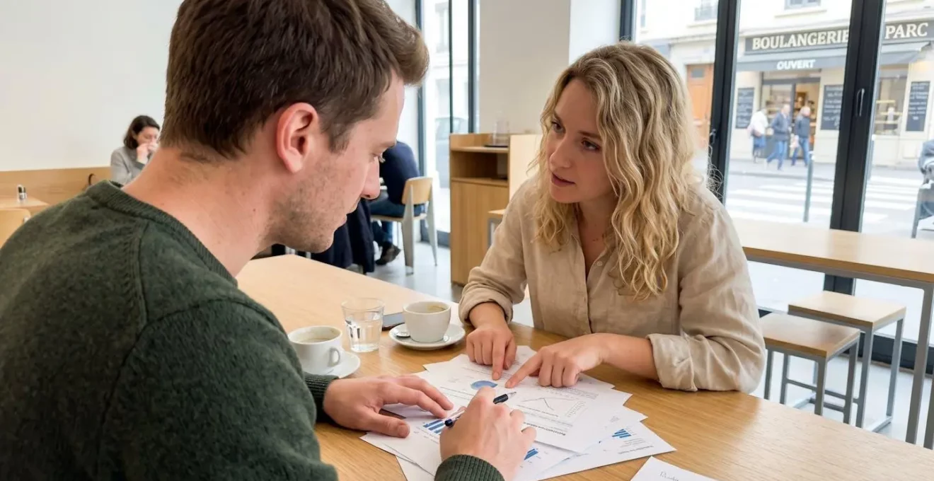 Deux personnes dans la vingtaine discutent de documents bancaires autour d'une table de café, vues de profil sans contact visuel avec l'objectif