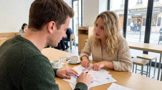 Deux personnes dans la vingtaine discutent de documents bancaires autour d'une table de café, vues de profil sans contact visuel avec l'objectif