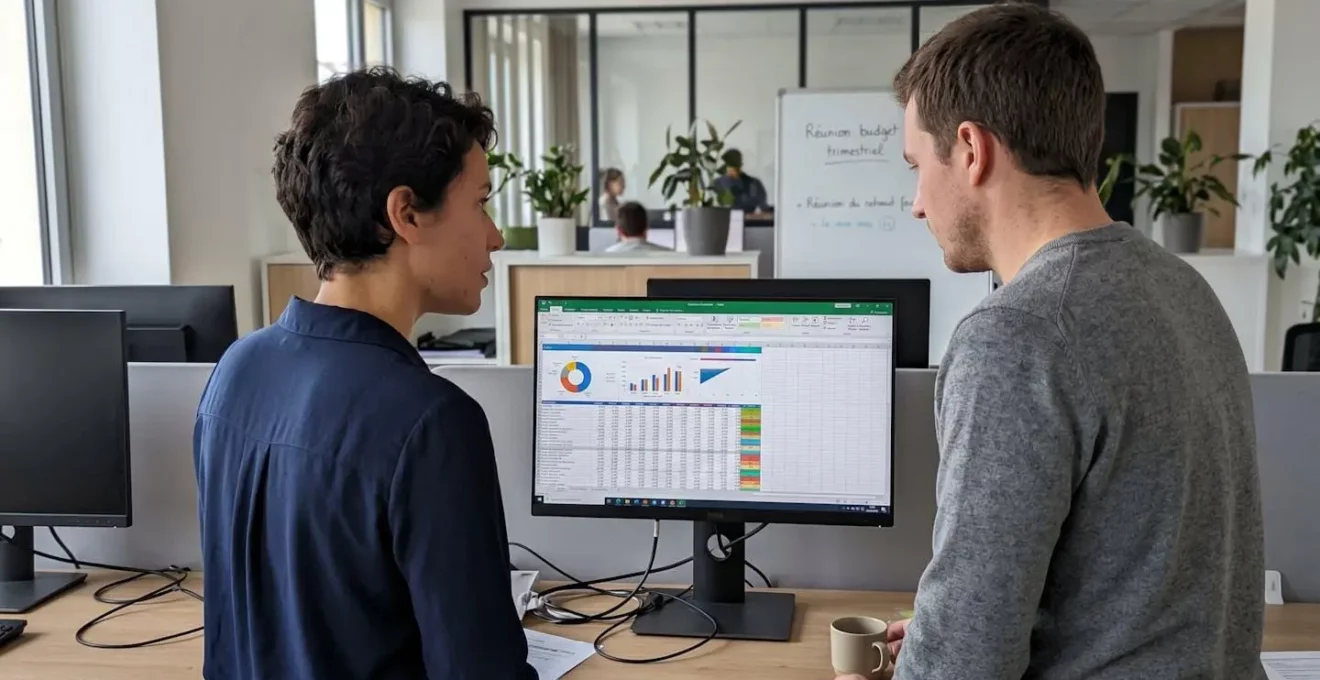 Deux professionnels vus de dos examinent ensemble un écran affichant un tableau de suivi des créances, dans un bureau lumineux et épuré
