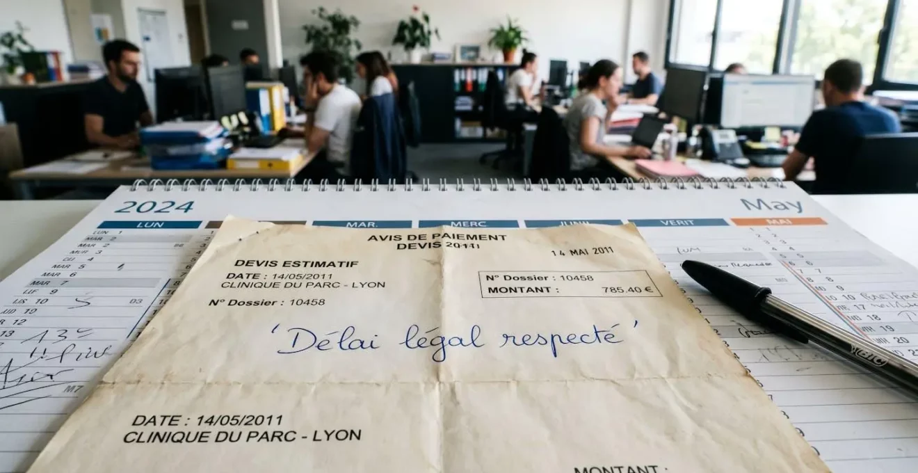 Gros plan sur un devis médical daté avec la mention manuscrite 'Délai légal respecté' posé sur un calendrier de bureau, stylo reposant à côté