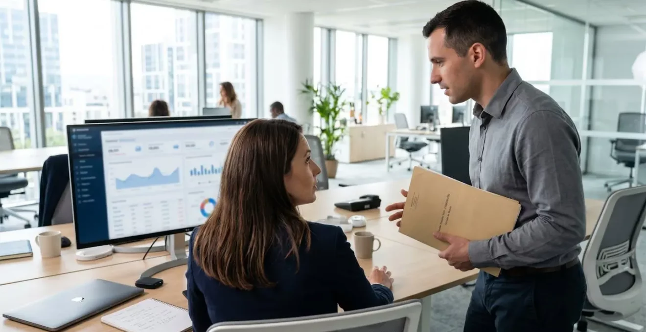 Deux professionnels en discussion dans un bureau moderne, l'un assis face à un écran affichant un tableau de bord flouté, l'autre debout de profil tenant un dossier