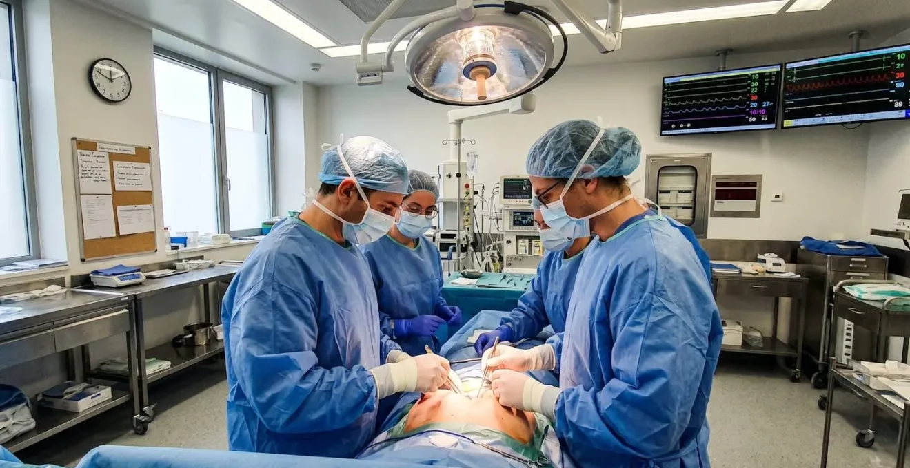 Vue en contre-plongée d'une équipe chirurgicale en tenue stérile pendant une intervention mammaire en bloc opératoire, mains gantées en action, éclairage médical focalisé