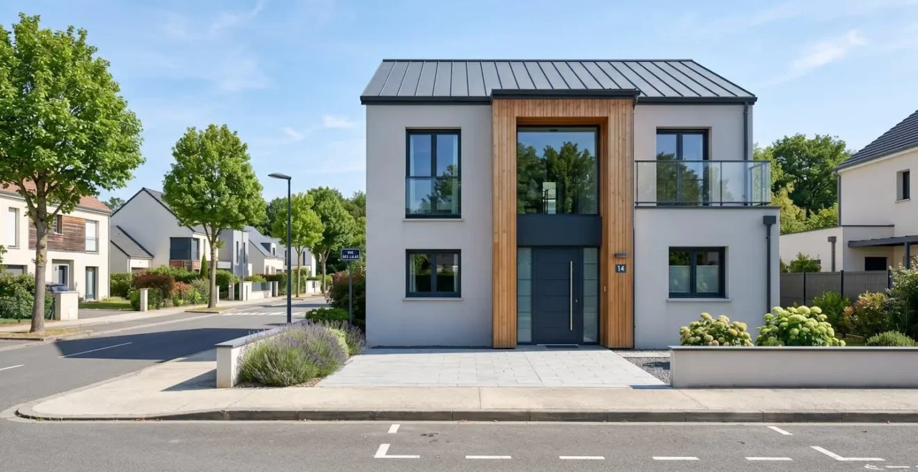Façade d'une maison française contemporaine avec porte d'entrée en aluminium anthracite aux lignes épurées