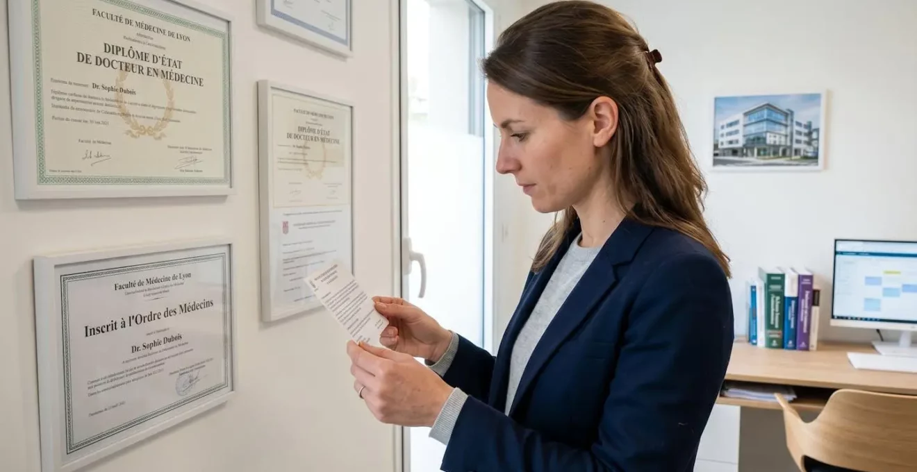 Une femme consulte attentivement une carte professionnelle de médecin et vérifie des certifications affichées au mur d'un cabinet médical lumineux