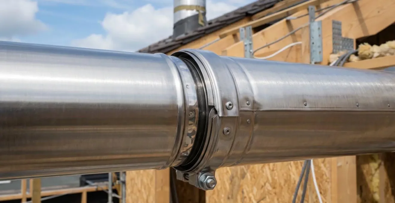 Gros plan macro sur un raccord de conduit de fumée double paroi en inox montrant le joint et la texture métallique