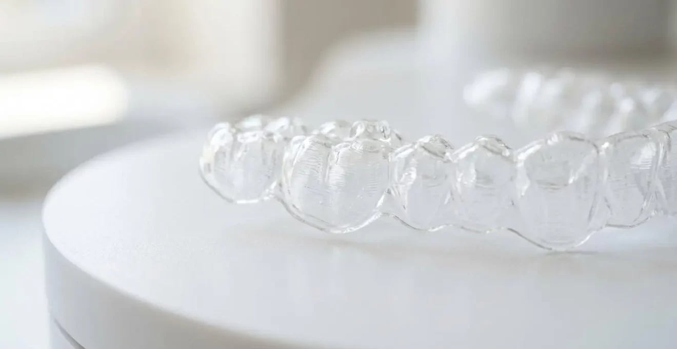 Gros plan sur un aligneur orthodontique transparent posé sur une surface épurée, avec bokeh en arrière-plan