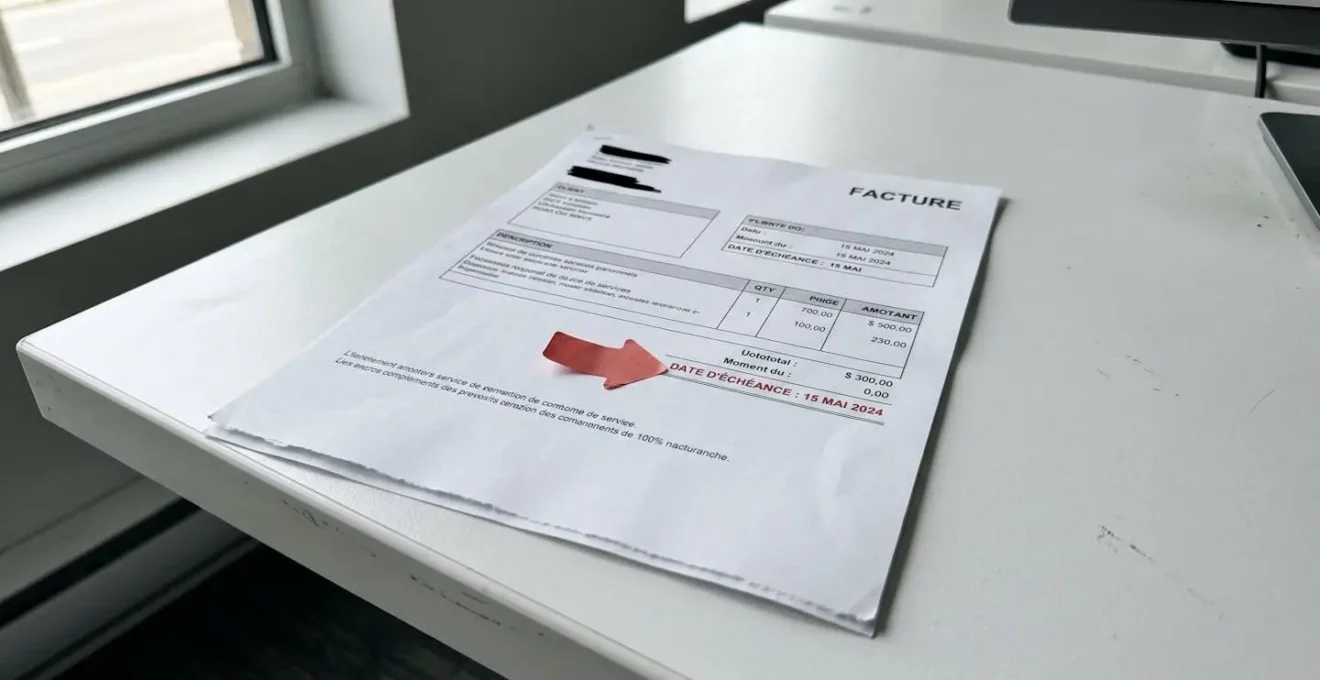 Une main tenant un stylo rouge entoure la mention de date d'échéance dépassée sur une facture papier posée sur un bureau