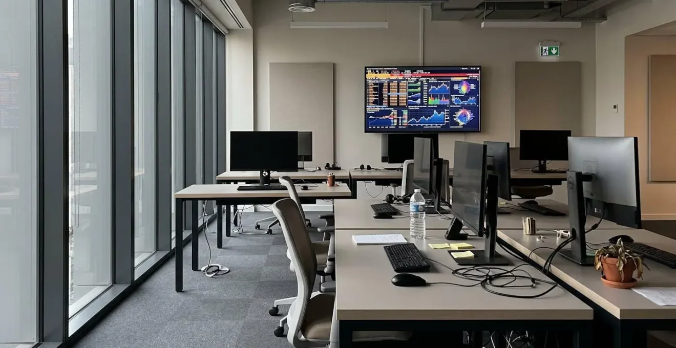 Un bureau moderne équipé d'un écran mural affichant un tableau de bord consolidé de suivi des créances, symbolisant la centralisation des données clients