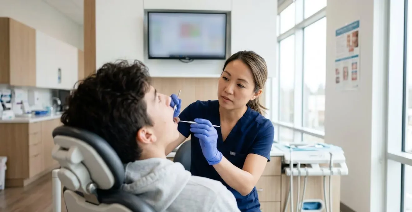 Vue de dos d'un orthodontiste examinant un adolescent dans un cabinet moderne, interaction professionnelle naturelle sans regard caméra