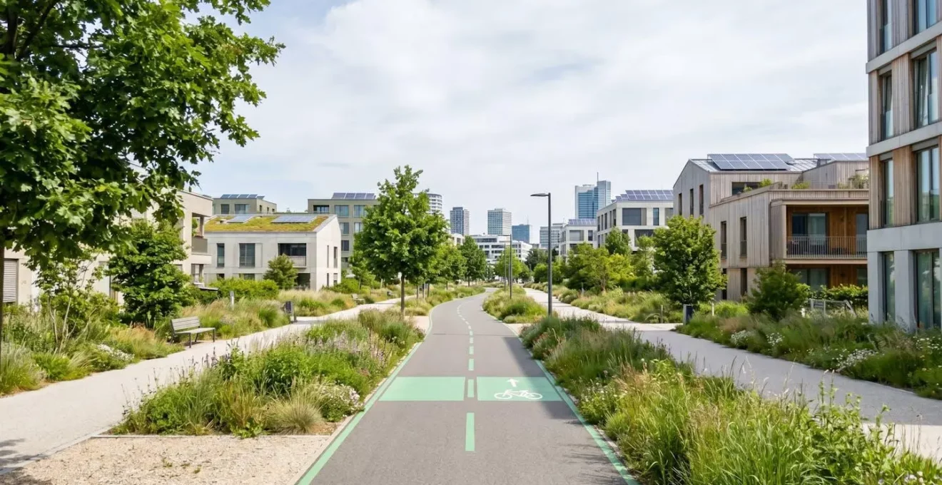 Parc urbain contemporain avec piste cyclable bordée de végétation et aménagements durables