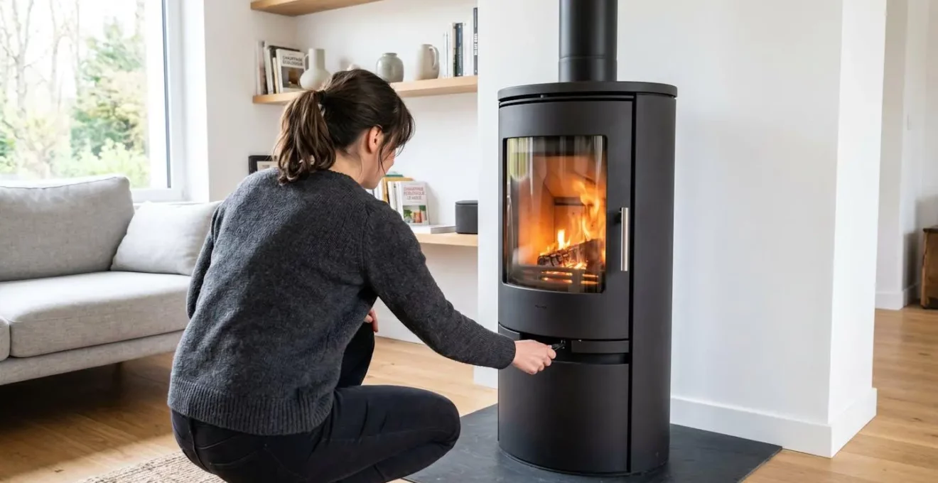 Personne accroupie de dos devant un poêle à bois contemporain en train de régler l'arrivée d'air comburant
