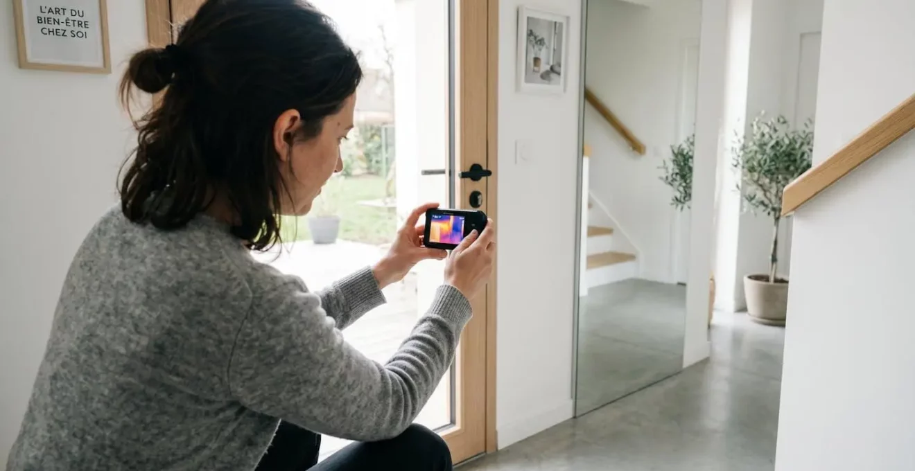 Un propriétaire en vêtements décontractés vérifie la température au niveau du cadre de sa porte d'entrée avec un appareil de mesure thermique