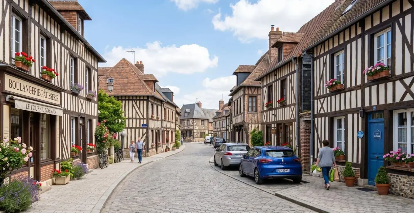 Une rue résidentielle calme de Beuzeville bordée de maisons normandes à colombages sous un ciel lumineux