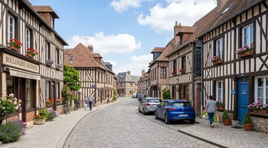Une rue résidentielle calme de Beuzeville bordée de maisons normandes à colombages sous un ciel lumineux