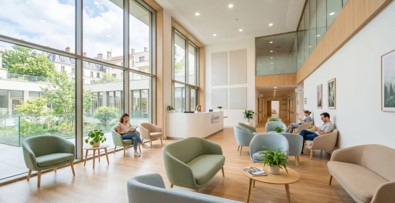 Salle d'attente contemporaine d'un cabinet d'orthodontie parisien avec grandes fenêtres, lumière naturelle et mobilier épuré