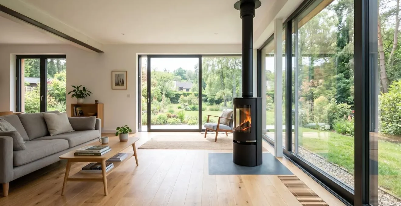 Salon moderne lumineux avec poêle à bois contemporain installé devant une grande baie vitrée laissant entrer la lumière naturelle