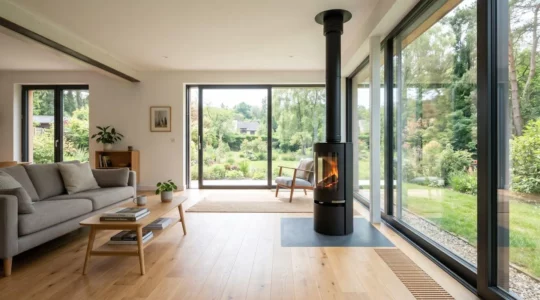 Salon moderne lumineux avec poêle à bois contemporain installé devant une grande baie vitrée laissant entrer la lumière naturelle