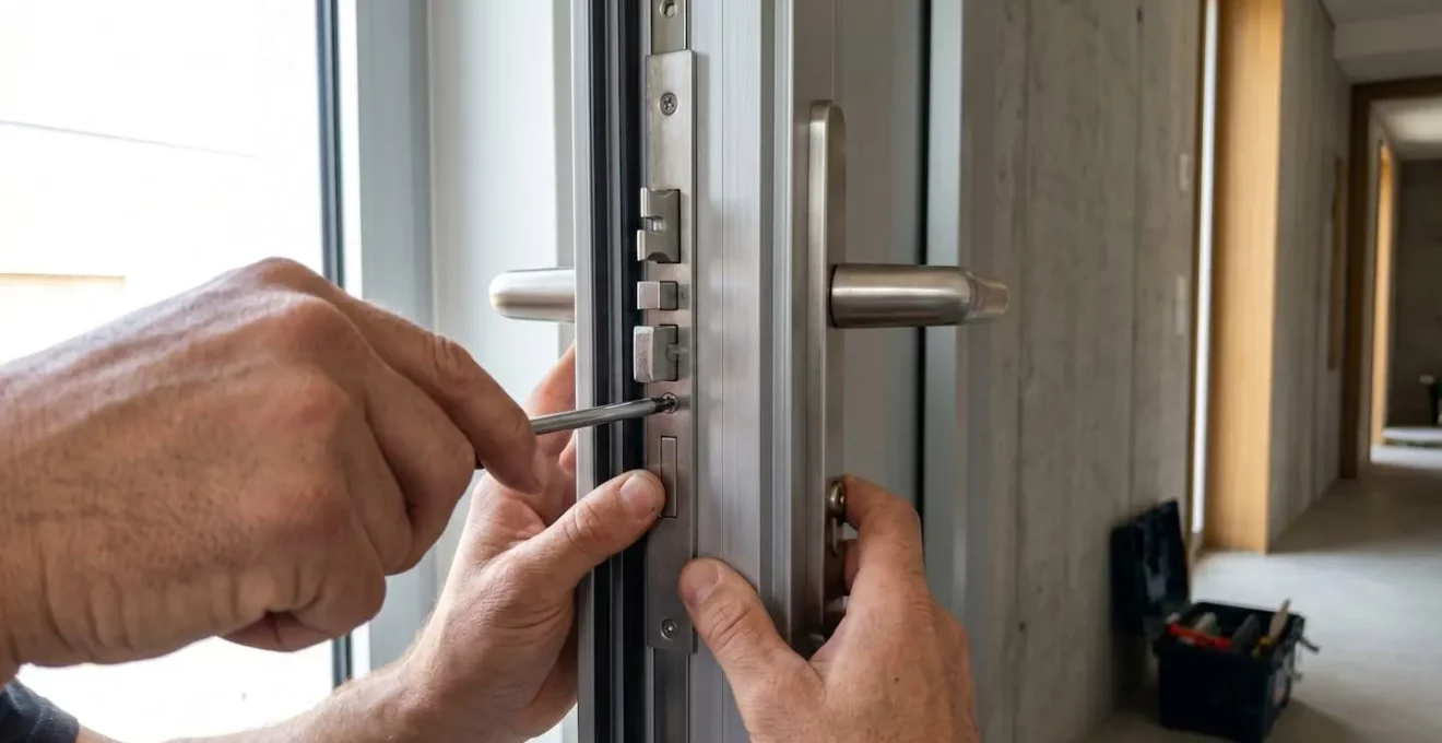 Gros plan sur une serrure multipoints moderne en cours d'installation sur une porte en aluminium brossé