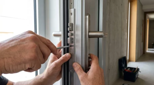 Gros plan sur une serrure multipoints moderne en cours d'installation sur une porte en aluminium brossé