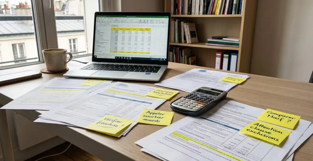 Bureau encombré de dizaines de contrats d'assurance éparpillés en désordre, calculatrice, post-it annotés et écran affichant un tableur complexe