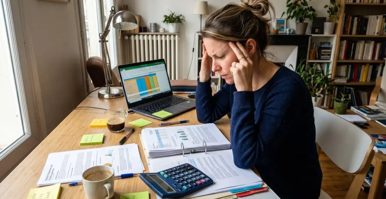 Bureau encombré de dizaines de contrats d'assurance éparpillés en désordre, calculatrice, post-it annotés et écran affichant un tableur complexe