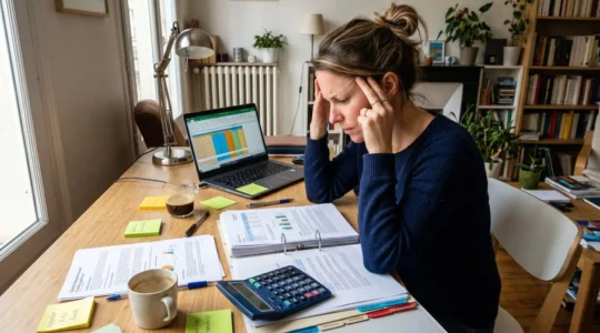 Bureau encombré de dizaines de contrats d'assurance éparpillés en désordre, calculatrice, post-it annotés et écran affichant un tableur complexe