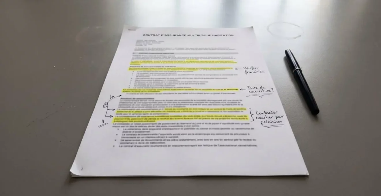 Gros plan sur un document de proposition d'assurance avec annotations manuscrites dans les marges et surlignages jaunes sur les sections clés