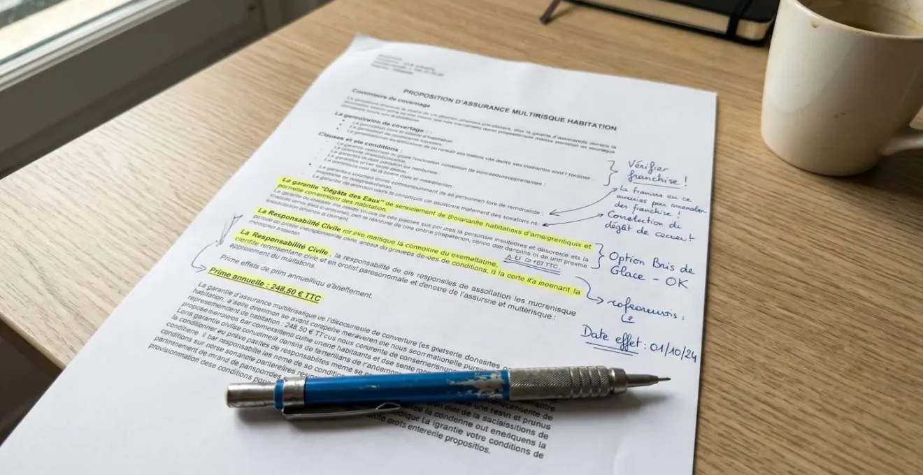 Gros plan sur un document de proposition d'assurance avec annotations manuscrites dans les marges et surlignages jaunes sur les sections clés