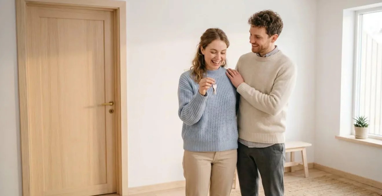 Jeune couple recevant les clés de leur premier appartement, souriants, dans un décor lumineux.