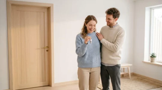 Jeune couple recevant les clés de leur premier appartement, souriants, dans un décor lumineux.
