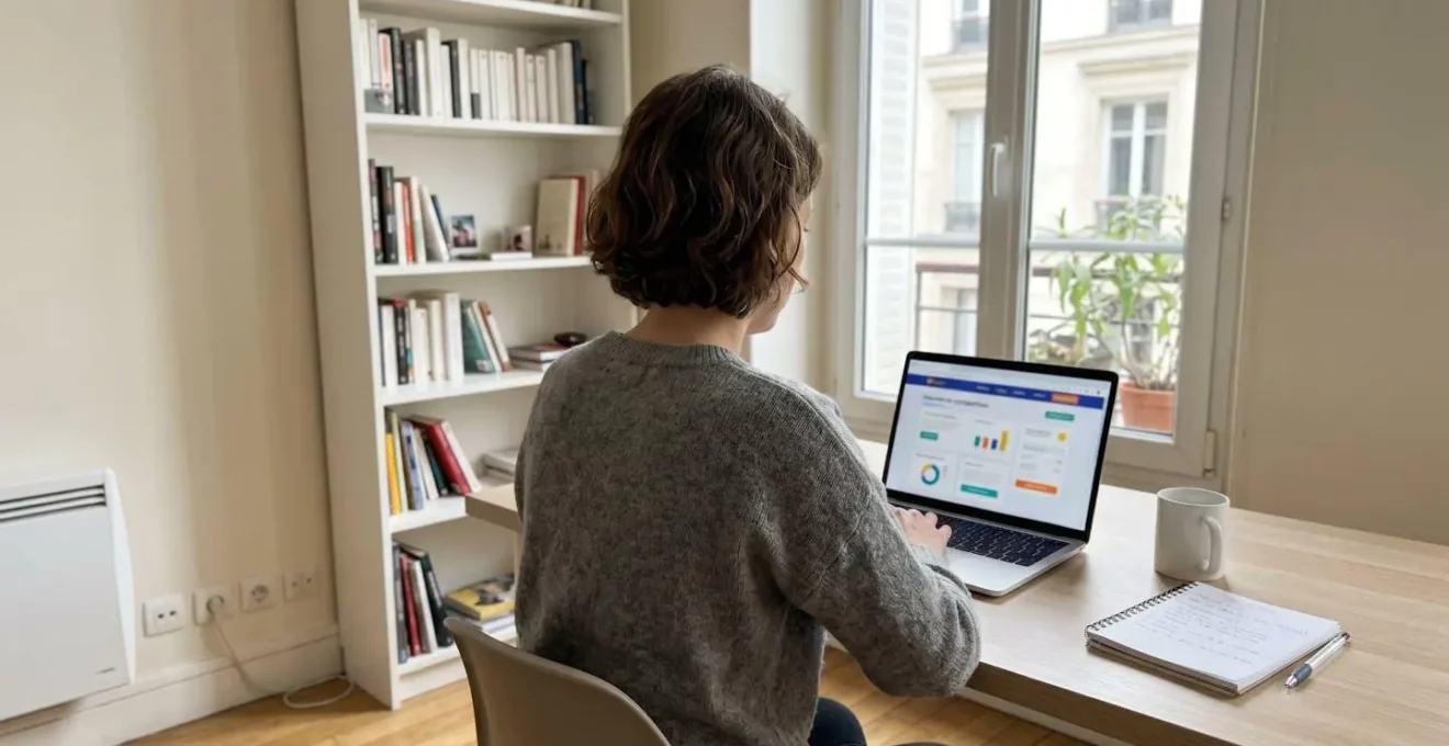 Personne de dos devant un ordinateur affichant un site de comparaison d'assurances, tête légèrement penchée en posture de réflexion