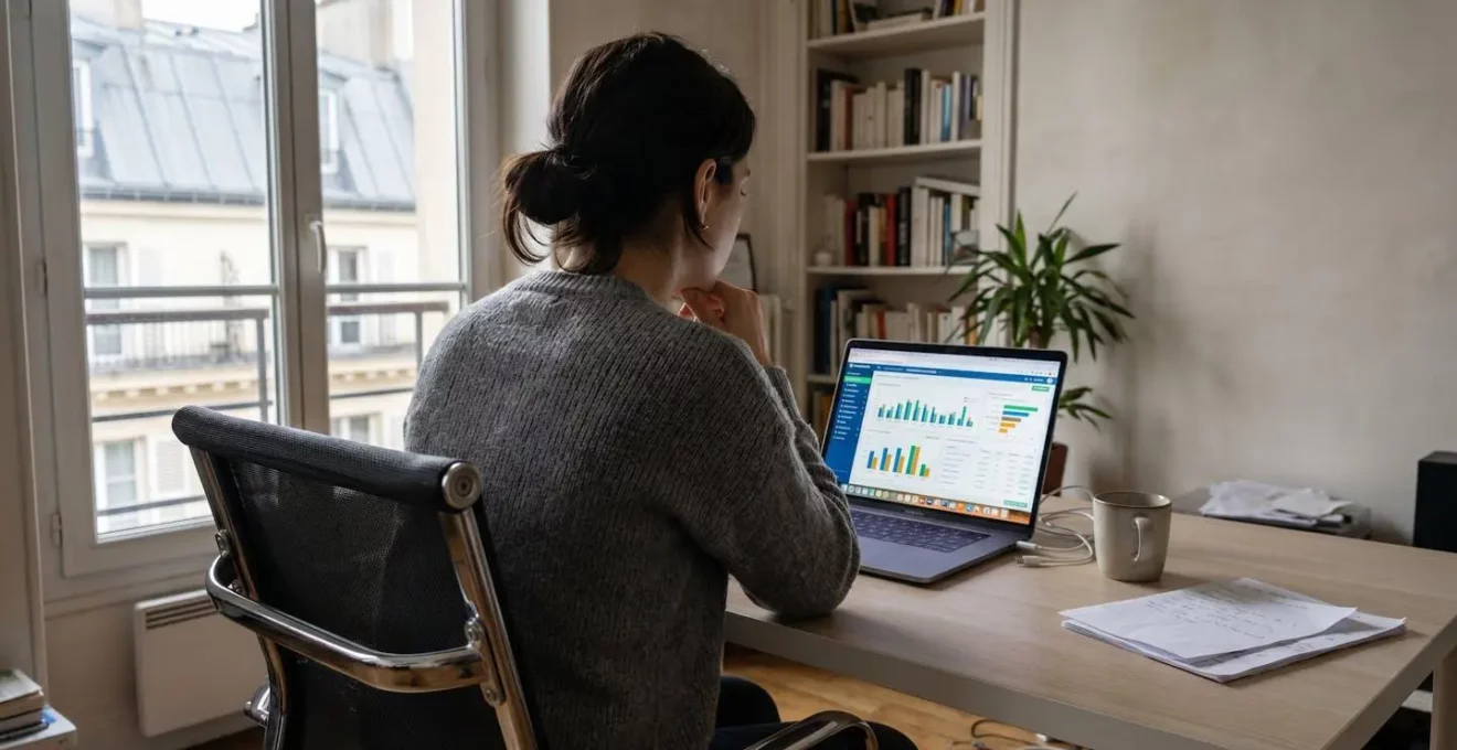 Personne de dos devant un ordinateur affichant un site de comparaison d'assurances, tête légèrement penchée en posture de réflexion