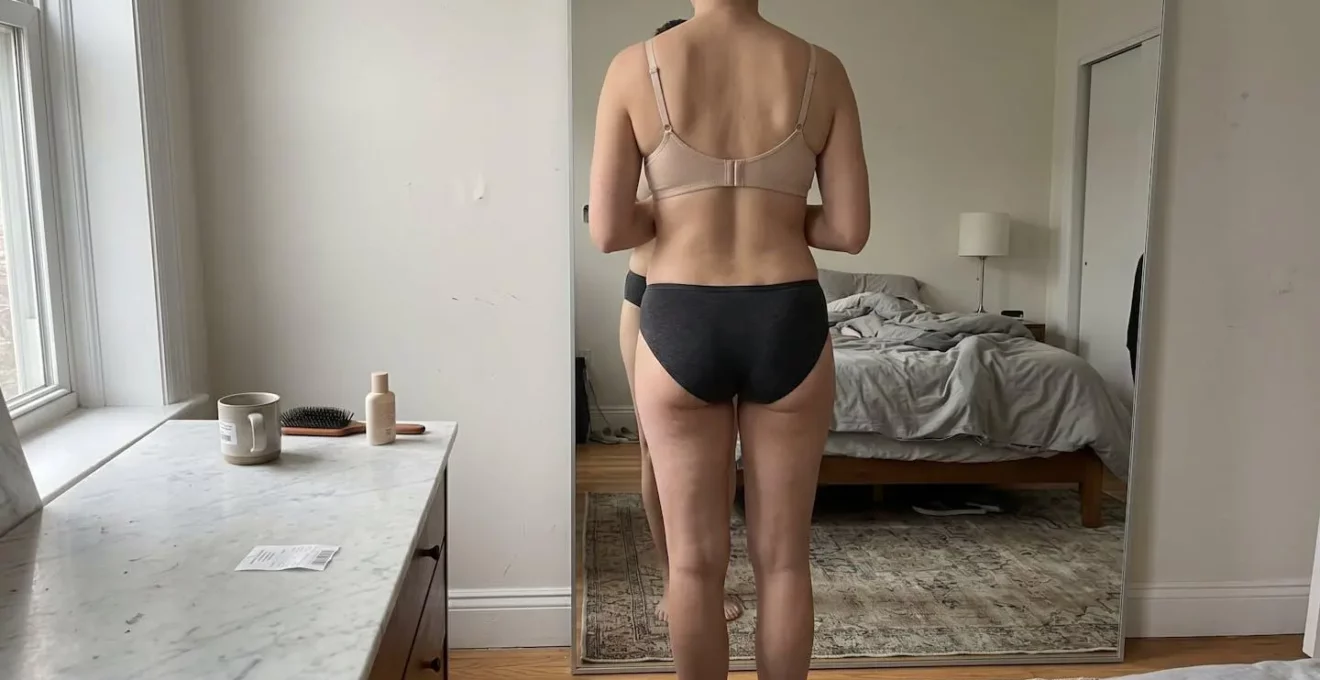 Silhouette féminine de dos devant un miroir montrant une poitrine harmonieuse après intervention, dans une chambre contemporaine lumineuse