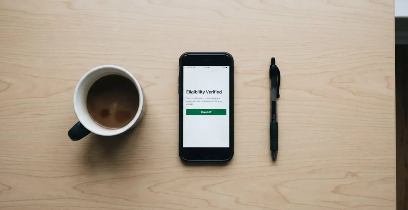 Smartphone affichant une souscription en ligne LEP réussie avec une coche verte.