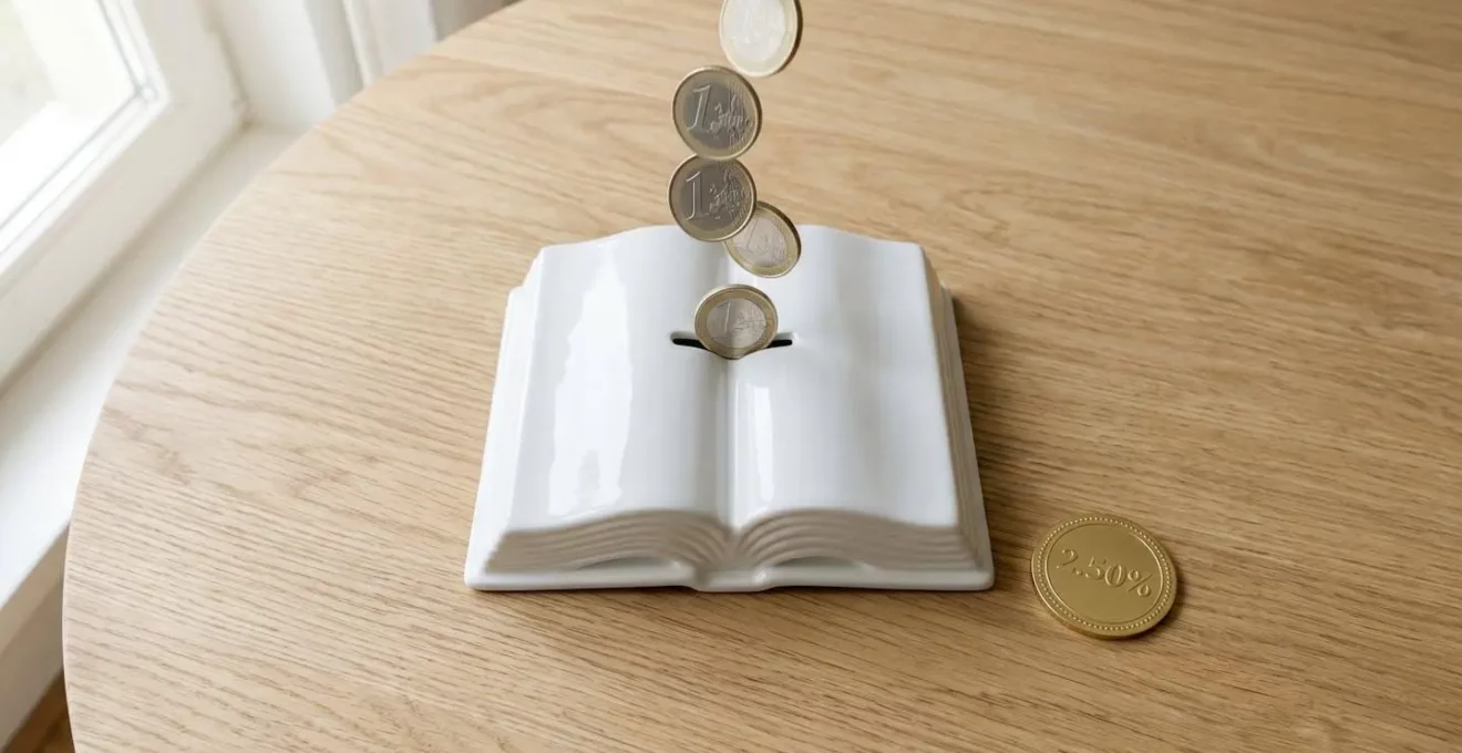 Tirelire en forme de livret ouvert avec pièces et badge 2,50 %, symbolisant l'épargne LEP.