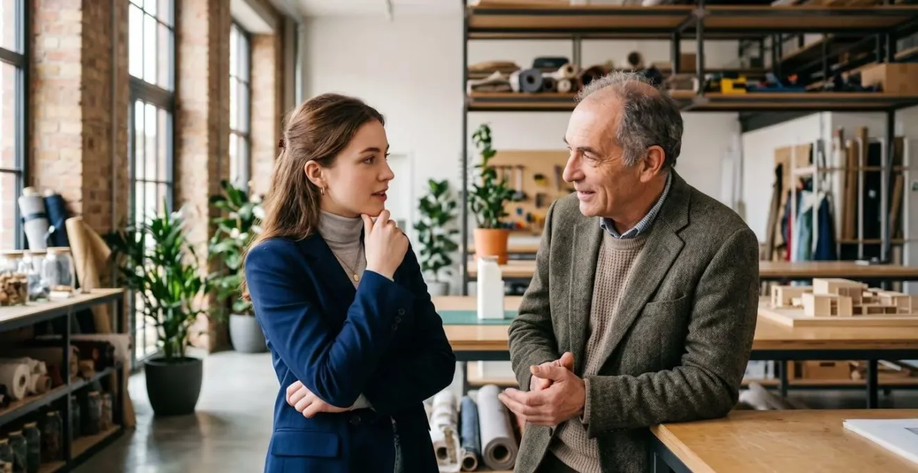 Jeune apprenti en tenue professionnelle discutant avec son tuteur en entreprise dans un atelier lumineux