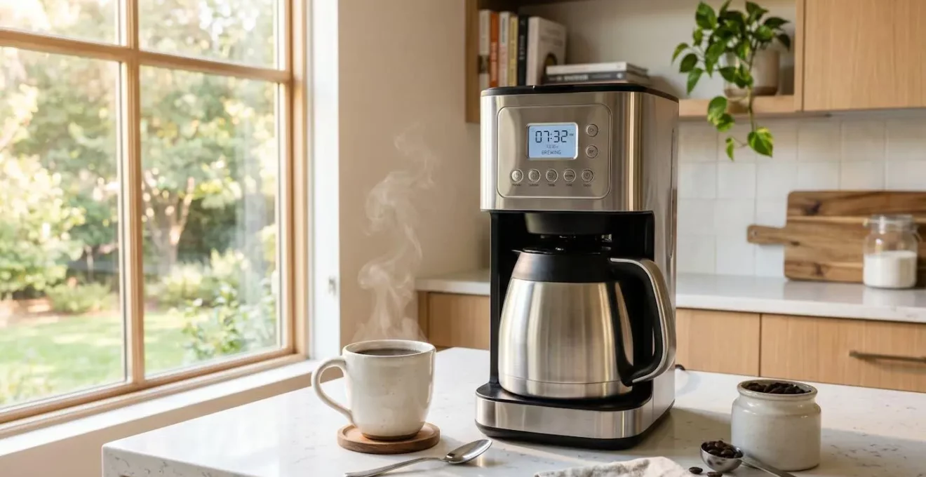 Cafetière isotherme programmable posée sur un plan de travail de cuisine moderne avec une tasse de café fumant