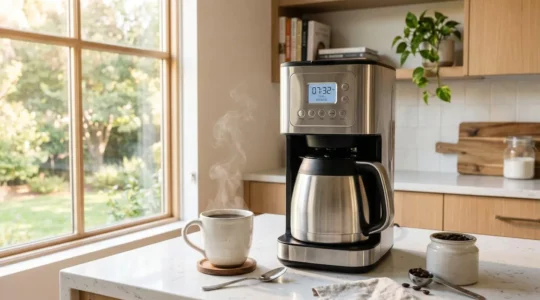 Cafetière isotherme programmable posée sur un plan de travail de cuisine moderne avec une tasse de café fumant