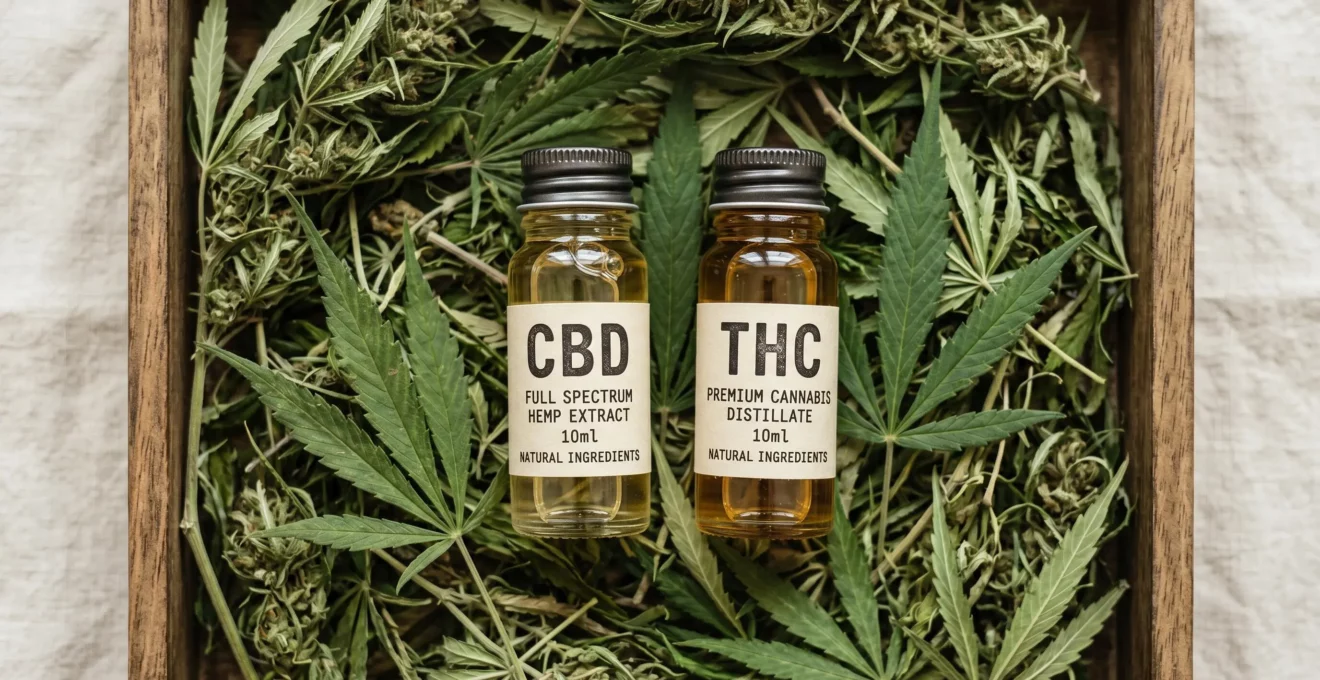 Illustration scientifique montrant deux molecules distinctes du cannabis : CBD et THC, avec fond naturel épuré