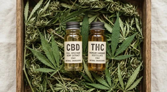 Illustration scientifique montrant deux molecules distinctes du cannabis : CBD et THC, avec fond naturel épuré