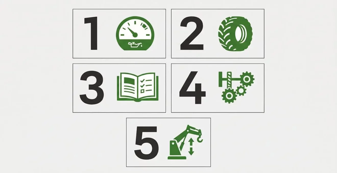 Checklist visuelle des points de contrôle d'un tracteur d'occasion, avec icônes représentant chaque étape